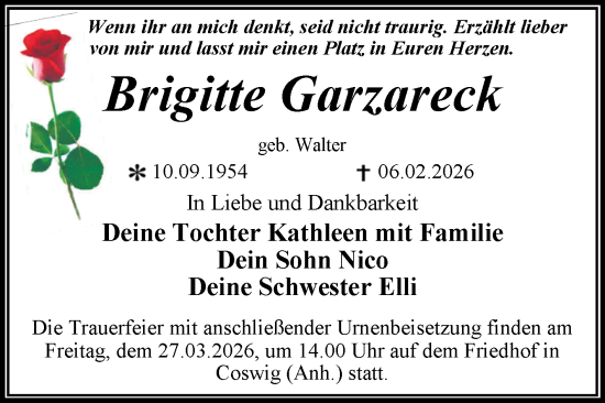 Traueranzeige von Brigitte Garzareck von Trauerkombi Wittenberg