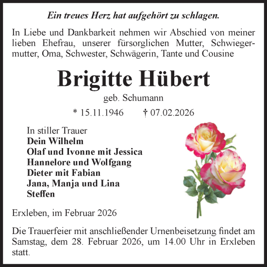 Traueranzeige von Brigitte Hübert von Volksstimme Altmark Ost