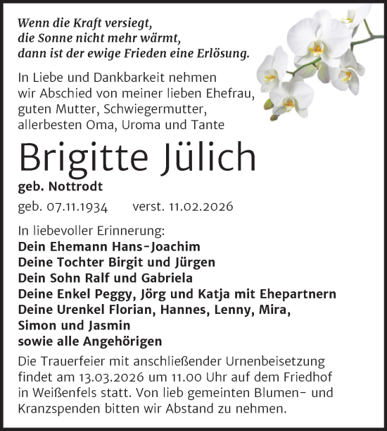Traueranzeige von Brigitte Jülich von Trauerkombi Weißenfels
