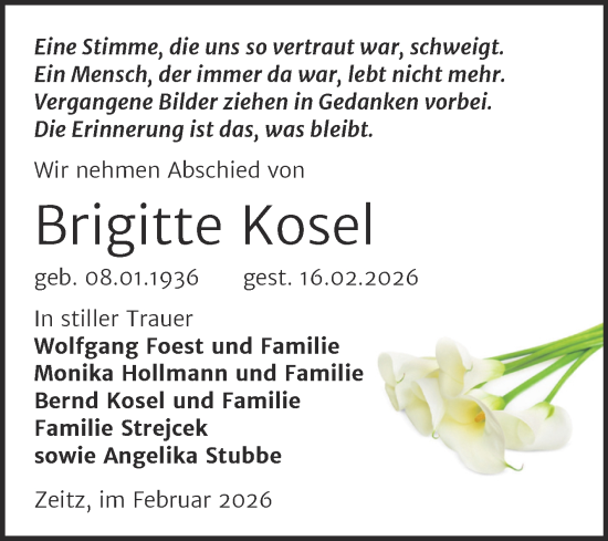 Traueranzeige von Brigitte Kosel von Trauerkombi Zeitz