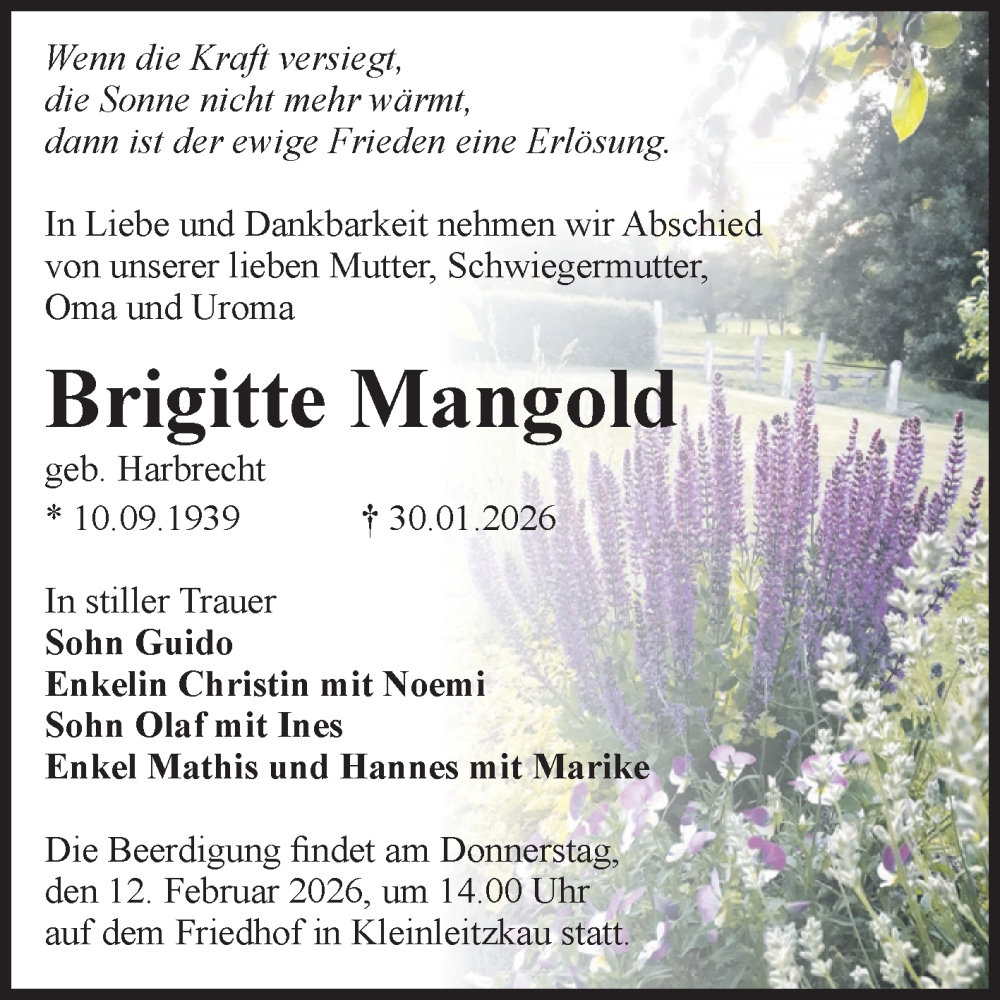  Traueranzeige für Brigitte Mangold vom 07.02.2026 aus Volksstimme Zerbst