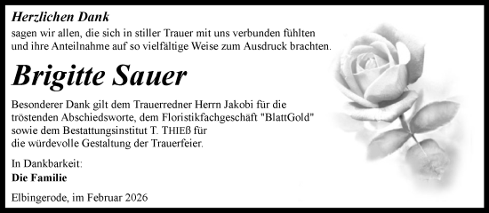 Traueranzeige von Brigitte Sauer von Volksstimme Wernigerode