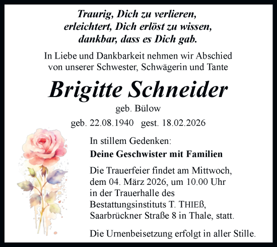 Traueranzeige von Brigitte Schneider von Trauerkombi Quedlinburg