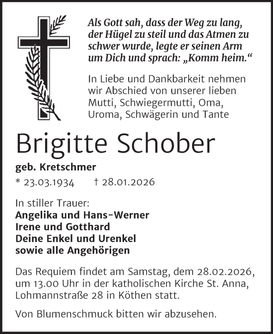 Traueranzeige von Brigitte Schober von Trauerkombi Köthen