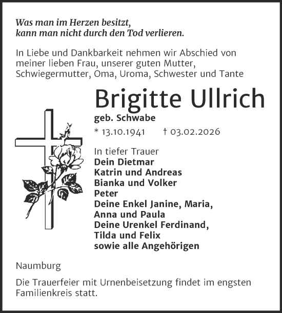 Traueranzeige von Brigitte Ullrich von Super Sonntag Naumburg/Nebra