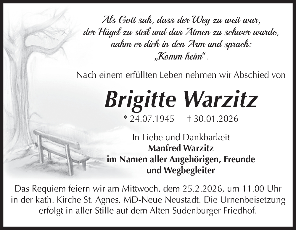  Traueranzeige für Brigitte Warzitz vom 14.02.2026 aus Volksstimme Magdeburg