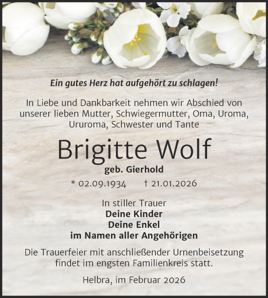 Traueranzeige von Brigitte Wolf von Trauerkombi Mansfelder Land