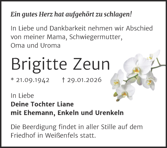 Traueranzeige von Brigitte Zeun von Trauerkombi Weißenfels