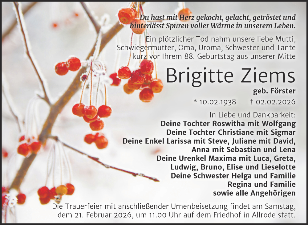  Traueranzeige für Brigitte Ziems vom 07.02.2026 aus Trauerkombi Quedlinburg