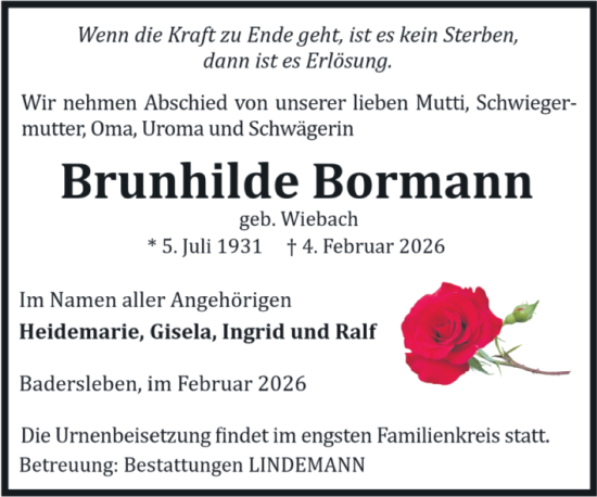 Traueranzeige von Brunhilde Bormann von Volksstimme Halberstadt