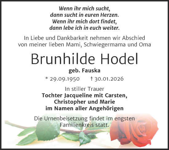 Traueranzeige von Brunhilde Hodel von Trauerkombi Merseburg