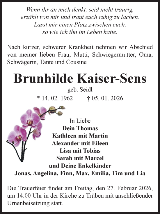 Traueranzeige von Brunhilde Kaiser-Sens von Volksstimme Zerbst