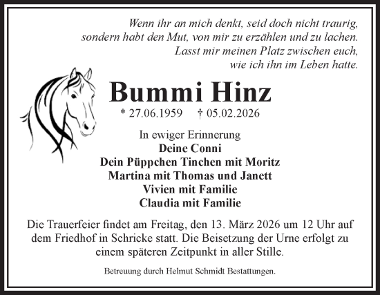 Traueranzeige von Bummi Hinz von Volksstimme Haldensleben/Wolmirstedt
