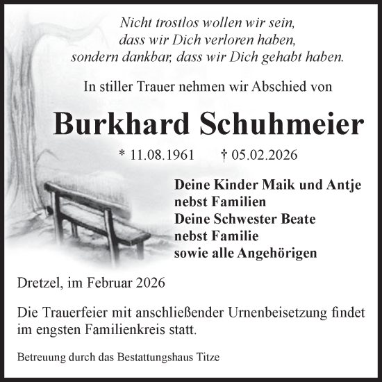 Traueranzeige von Burkhard Schuhmeier von Volksstimme Burg/Genthin
