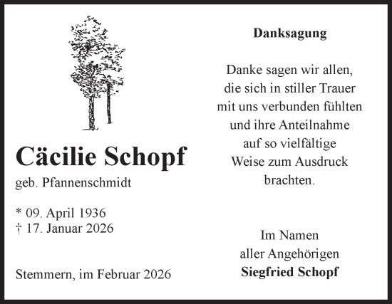 Traueranzeige von Cäcilie Schopf von Volksstimme Oschersleben/Wanzleben