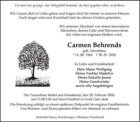 Traueranzeige von Carmen Behrends von Volksstimme Altmark Ost