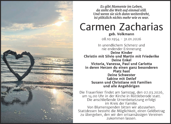 Traueranzeige von Carmen Zacharias von Trauerkombi Sangerhausen
