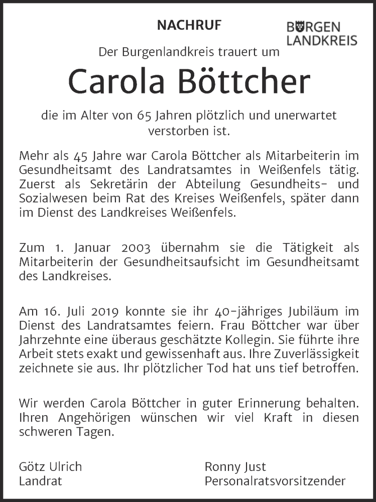  Traueranzeige für Carola Böttcher vom 07.02.2026 aus Mitteldeutsche Zeitung Weißenfels