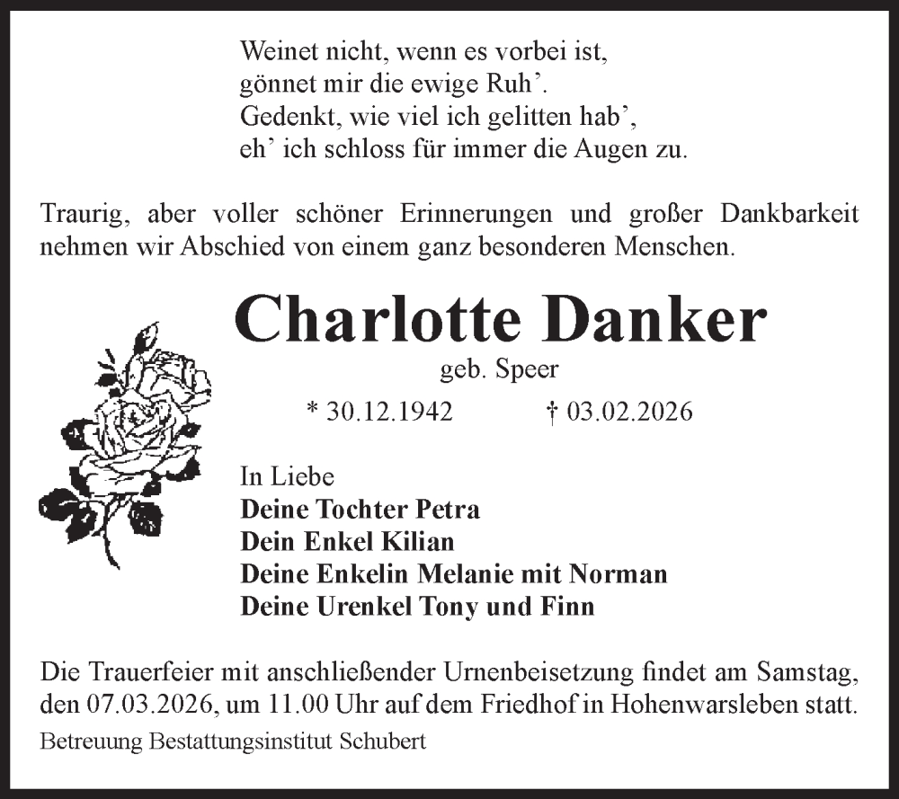  Traueranzeige für Charlotte Danker vom 28.02.2026 aus Volksstimme Haldensleben/Wolmirstedt
