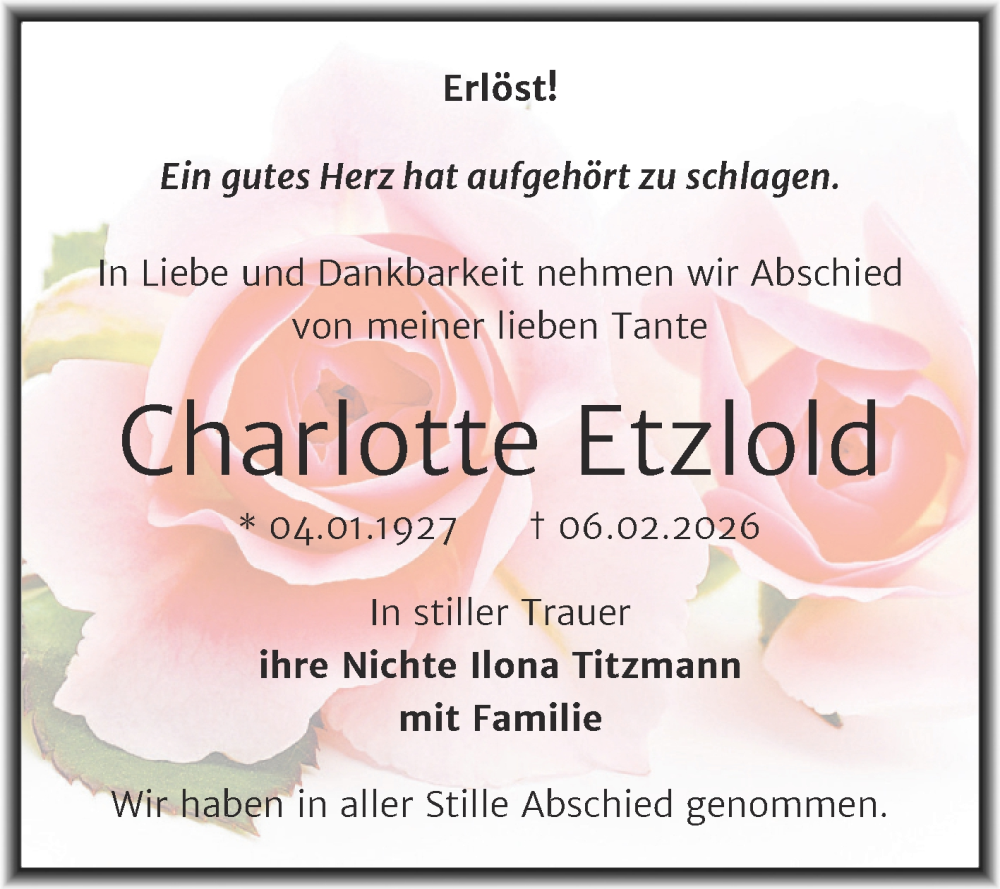 Traueranzeige für Charlotte Etzlold vom 14.02.2026 aus Trauerkombi Zeitz