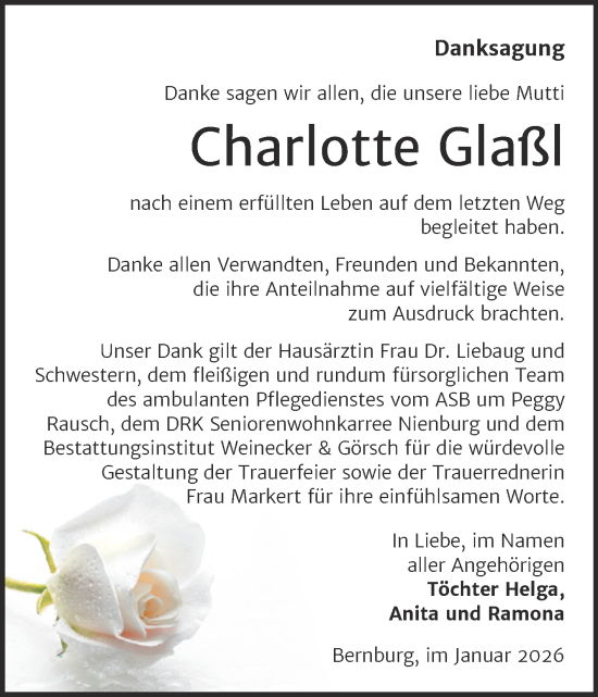 Traueranzeige von Charlotte Glaßl von Trauerkombi Bernburg