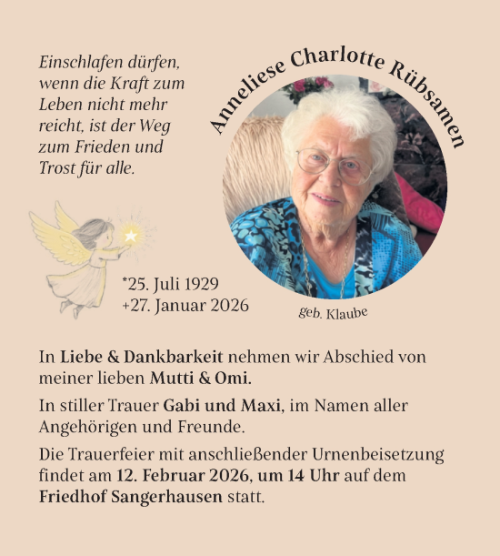 Traueranzeige von Charlotte Klaube von Trauerkombi Sangerhausen