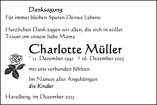 Traueranzeige von Charlotte Müller von Volksstimme Altmark Ost