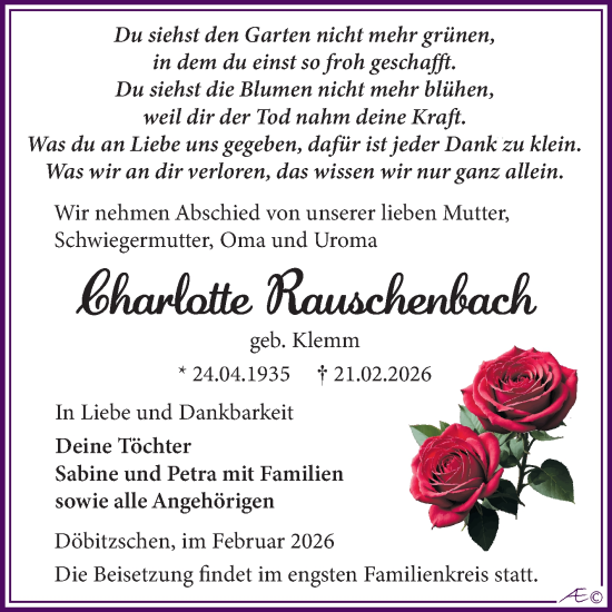 Traueranzeige von Charlotte Rauschenbach von Trauerkombi Zeitz