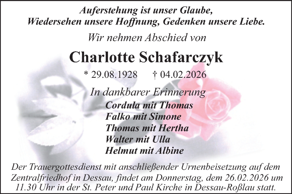  Traueranzeige für Charlotte Schafarczyk vom 18.02.2026 aus Trauerkombi Dessau