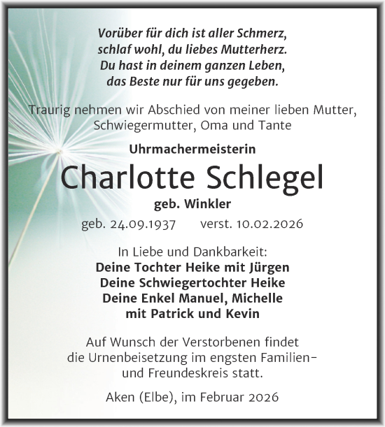 Traueranzeige von Charlotte Schlegel von Trauerkombi Köthen