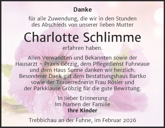 Traueranzeige von Charlotte Schlimme von Trauerkombi Köthen