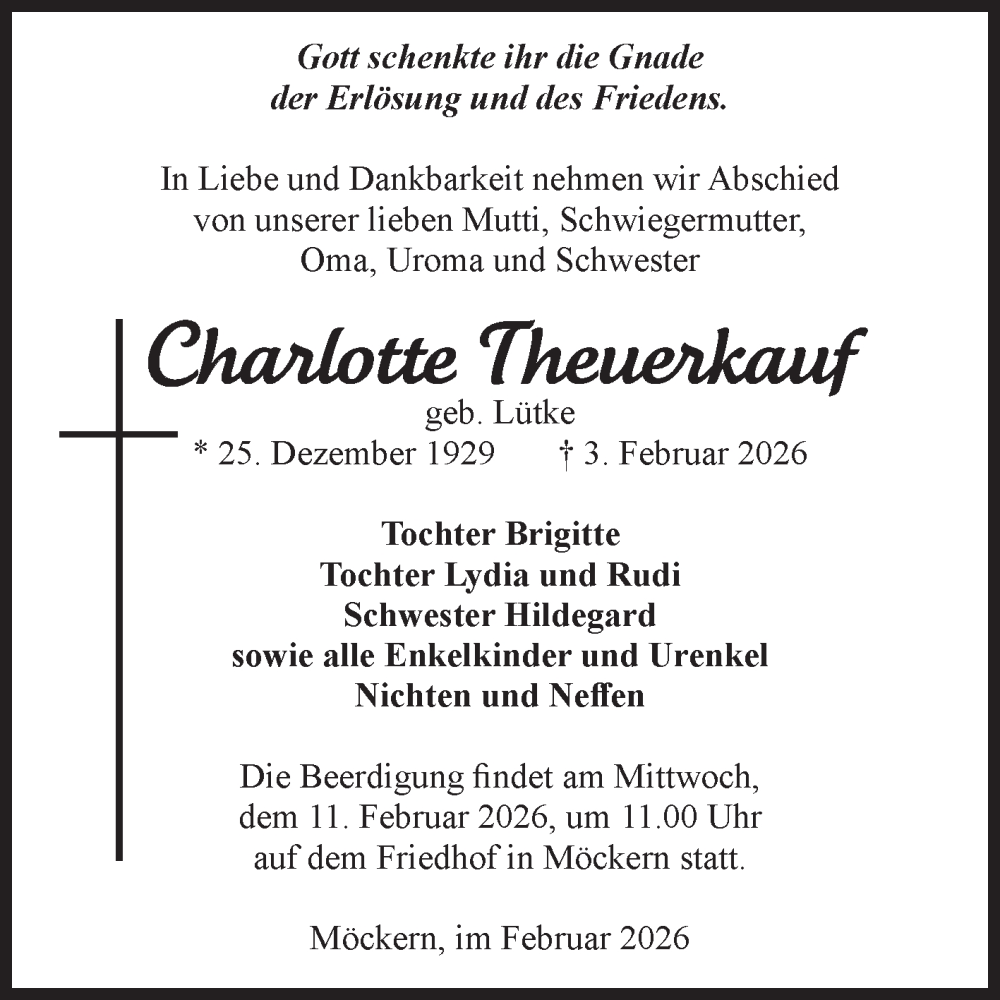  Traueranzeige für Charlotte Theuerkauf vom 07.02.2026 aus Volksstimme Burg/Genthin