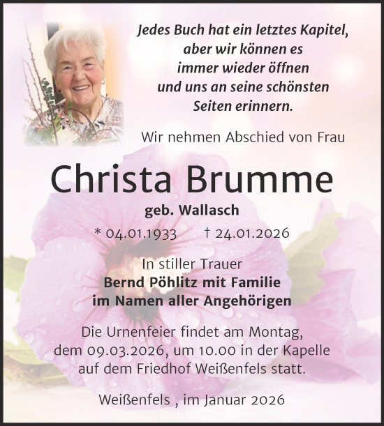 Traueranzeige von Christa Brumme von Trauerkombi Weißenfels