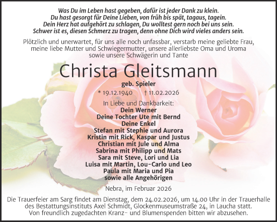 Traueranzeige von Christa Gleitsmann von Naumburger Tageblatt
