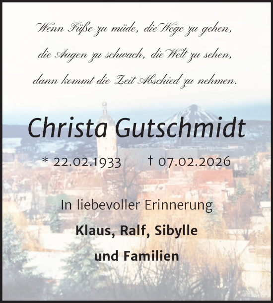 Traueranzeige von Christa Gutschmidt von Trauerkombi Sangerhausen