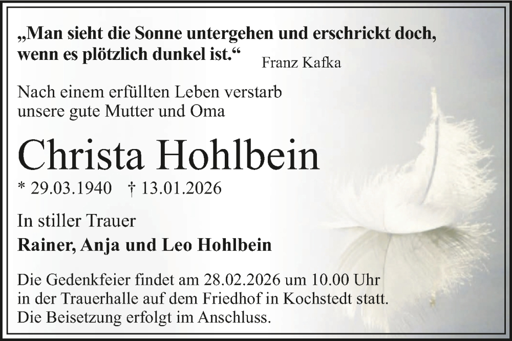  Traueranzeige für Christa Hohlbein vom 07.02.2026 aus Trauerkombi Dessau