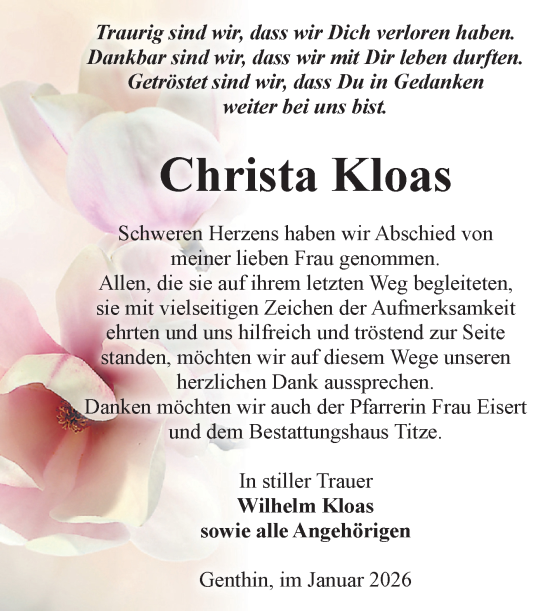 Traueranzeige von Christa Kloas von Volksstimme Burg/Genthin