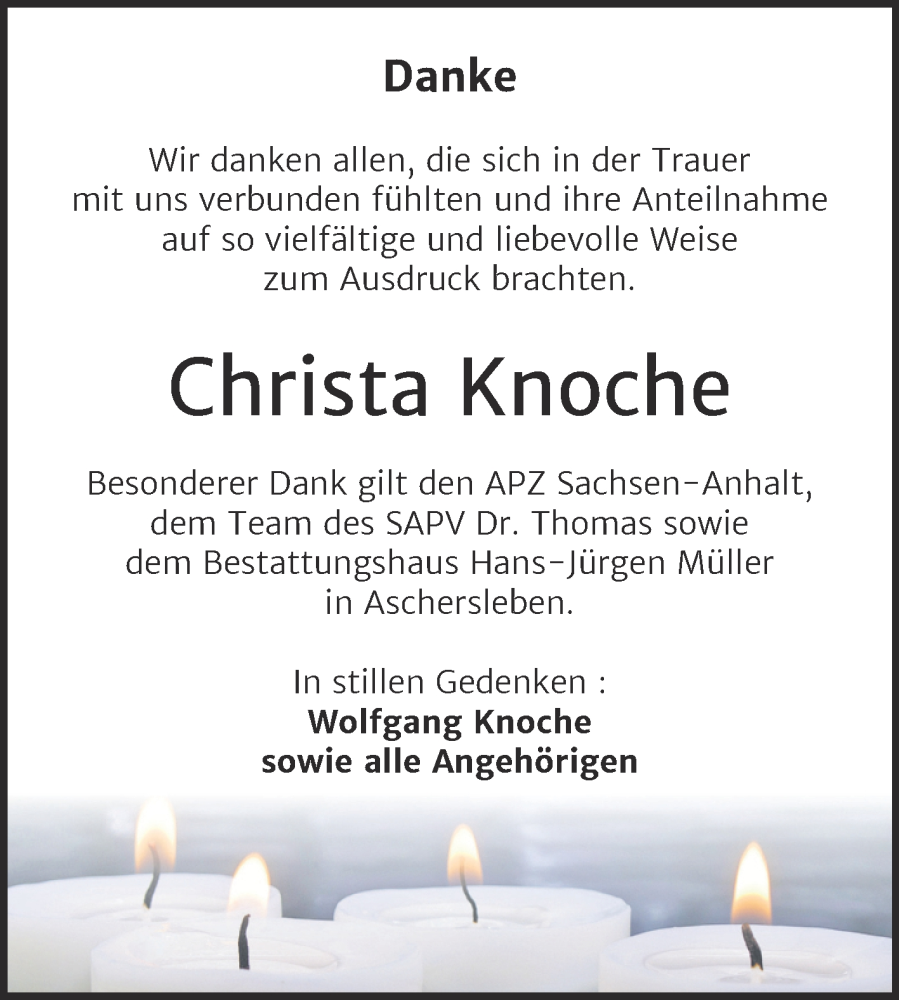  Traueranzeige für Christa Knoche vom 14.02.2026 aus Trauerkombi Quedlinburg