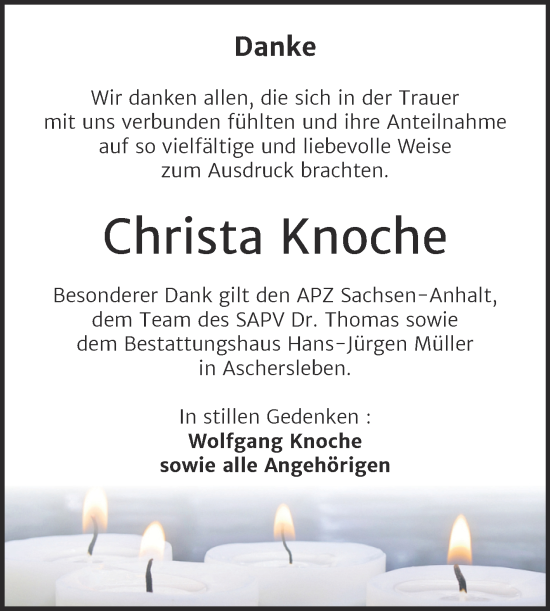 Traueranzeige von Christa Knoche von Trauerkombi Quedlinburg