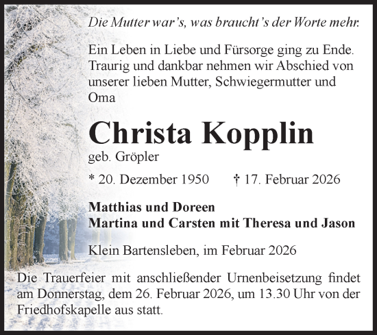 Traueranzeige von Christa Kopplin von Volksstimme Haldensleben/Wolmirstedt