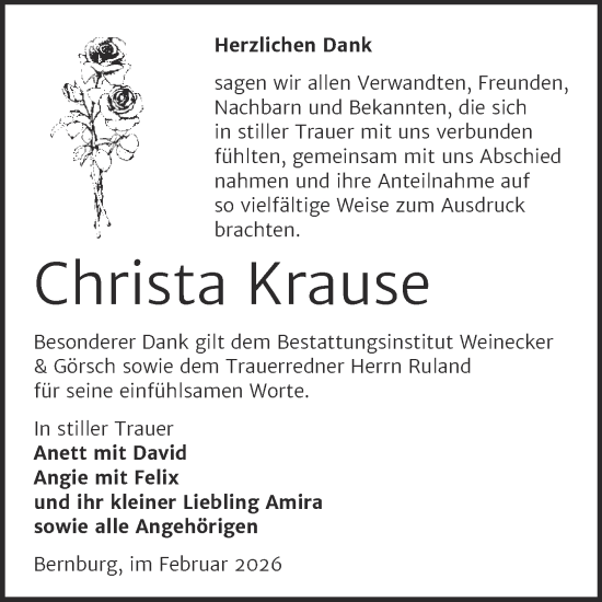 Traueranzeige von Christa Krause von Trauerkombi Bernburg