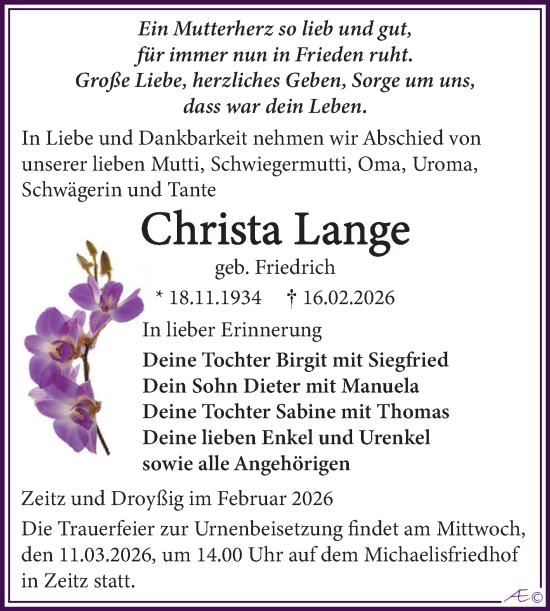 Traueranzeige von Christa Lange von Trauerkombi Zeitz