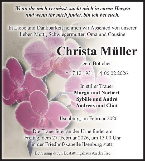 Traueranzeige von Christa Müller von Volksstimme Wernigerode