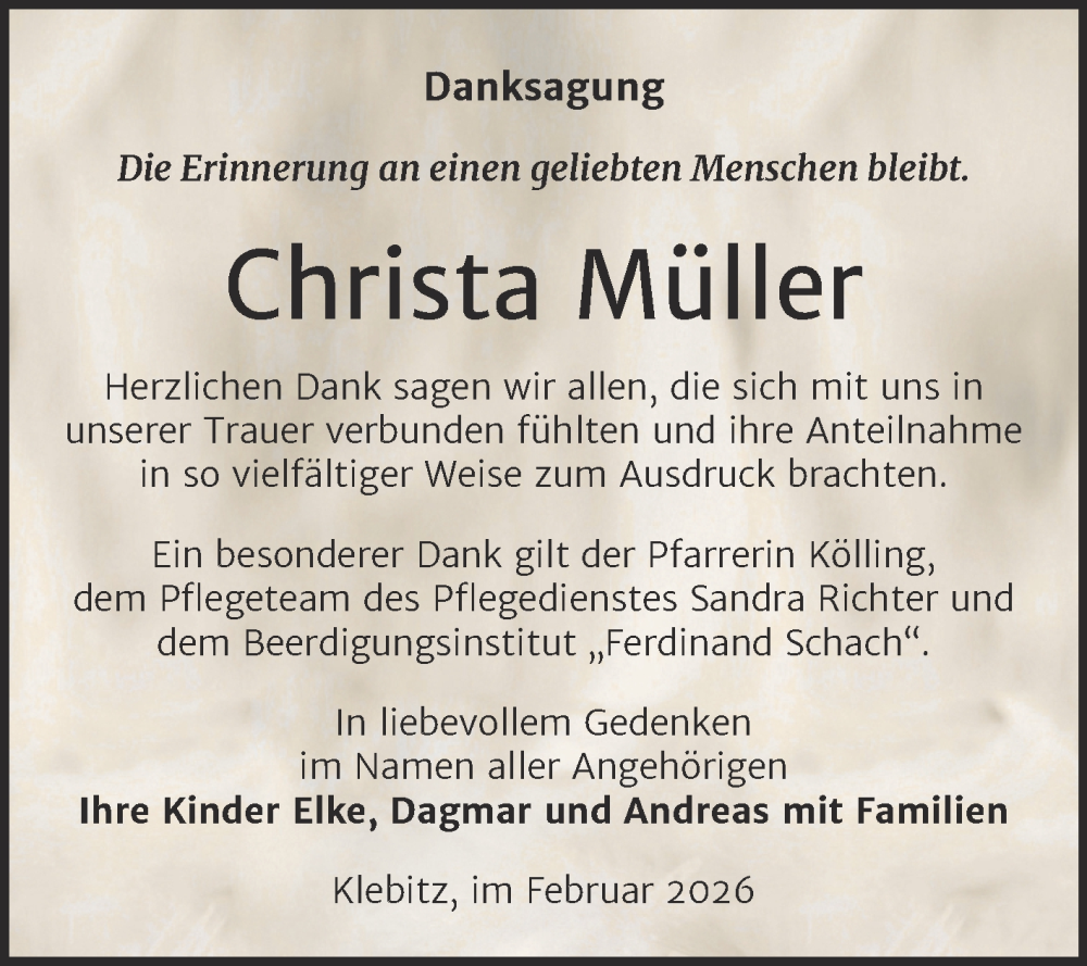  Traueranzeige für Christa Müller vom 14.02.2026 aus Trauerkombi Wittenberg