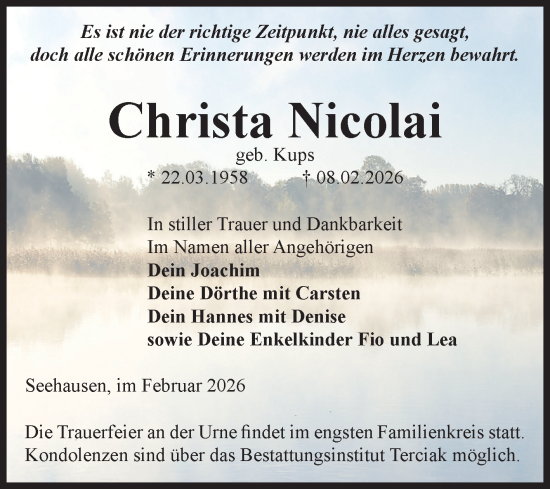 Traueranzeige von Christa Nicolai von Volksstimme Oschersleben/Wanzleben