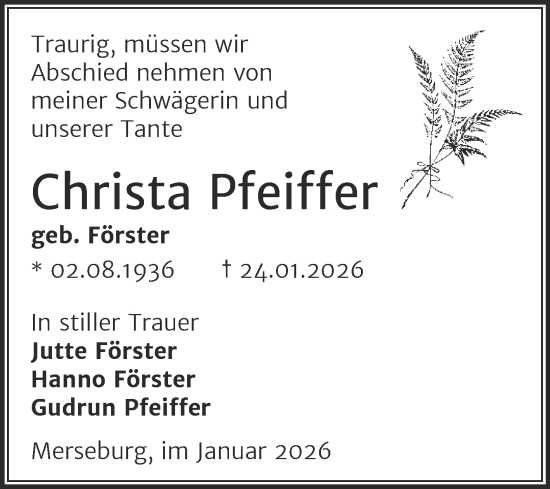 Traueranzeige von Christa Pfeiffer von Trauerkombi Merseburg