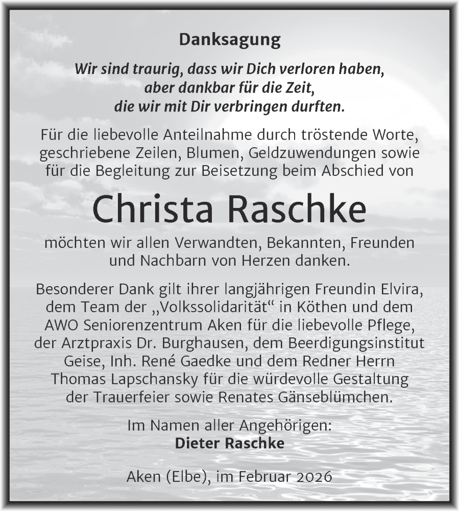  Traueranzeige für Christa Raschke vom 14.02.2026 aus Trauerkombi Köthen