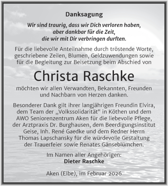 Traueranzeige von Christa Raschke von Trauerkombi Köthen