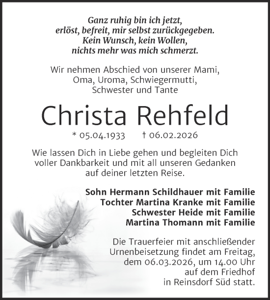 Traueranzeige von Christa Rehfeld von Trauerkombi Wittenberg