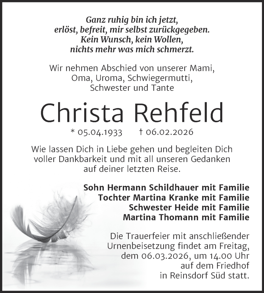  Traueranzeige für Christa Rehfeld vom 21.02.2026 aus Trauerkombi Wittenberg